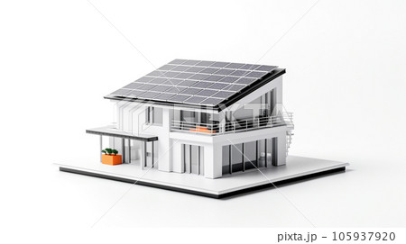 miniature house model with solar panel on roof on white background. generative AI 105937920
