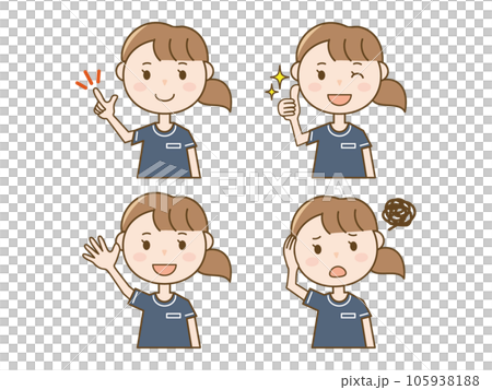 いいねをする_ポイントを説明する_頭を抱える美容部員_エステティシャン_制服女性の4ポーズセット 105938188