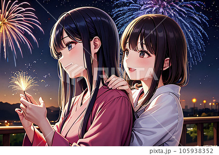 花火を背景に微笑む浴衣姿の二人の女性「AI生成画像」のイラスト素材