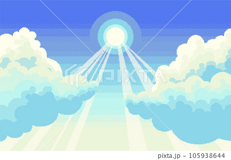 雲の間の太陽が光輝くグラデーションの青空のドット絵背景素材 雲の間の太陽が光輝くグラデーションの青空のドット絵背景素材 105938644