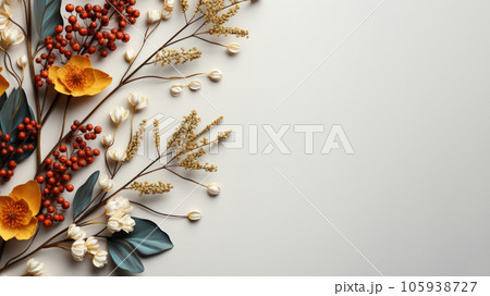 Autumn season frame dried flowers on wooden board with copy space background. Thank giving day concept background. 105938727
