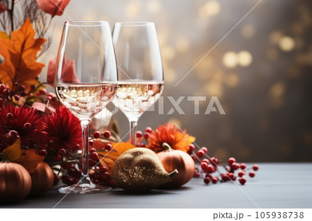 Glass of wine on dining table and food with bokeh background. Thank giving day concept background. 105938738