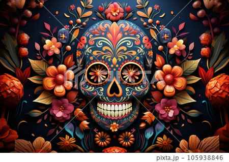 Day of death skull decorate with flower concept background. Day of death skull decorate with flower concept background. 105938846