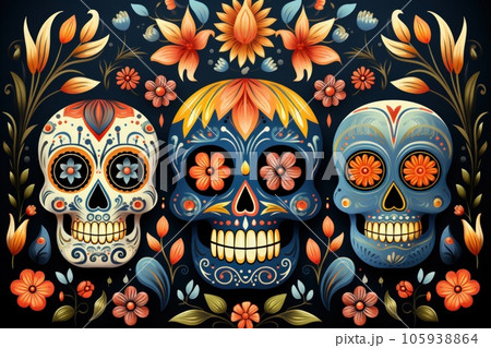 Day of death skull decorate with flower concept background. Day of death skull decorate with flower concept background. 105938864