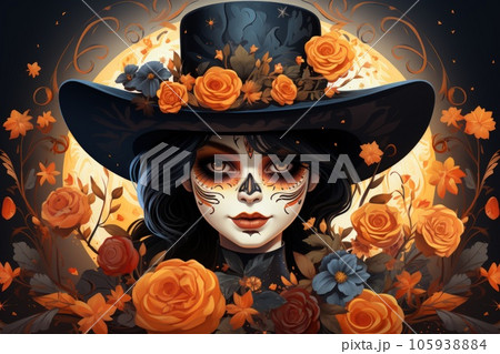 Woman paint her face skull and decorate with flower. Day of death culture concept background. Woman paint her face skull and decorate with flower. Day of death culture concept background. 105938884