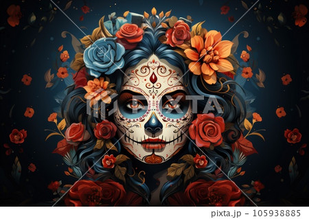 Woman paint her face skull and decorate with flower. Day of death culture concept background. 105938885