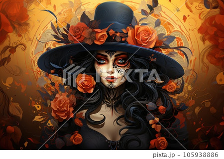 Woman paint her face skull and decorate with flower. Day of death culture concept background. 105938886