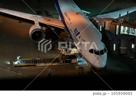 空港の夜景 エプロンで貨物を積み込む航空機 羽田空港 空港の夜景 エプロンで貨物を積み込む航空機 羽田空港 105939085