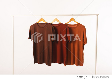 Three brown t shirts on hangers hanging from clothes rail and copy space on white background Three brown t shirts on hangers hanging from clothes rail and copy space on white background 105939689