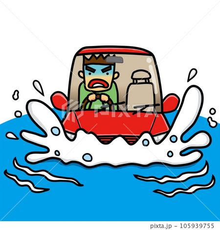 冠水した道路で水しぶきを上げる乗用車 105939755