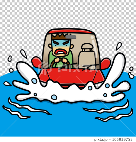 冠水した道路で水しぶきを上げる乗用車 105939755