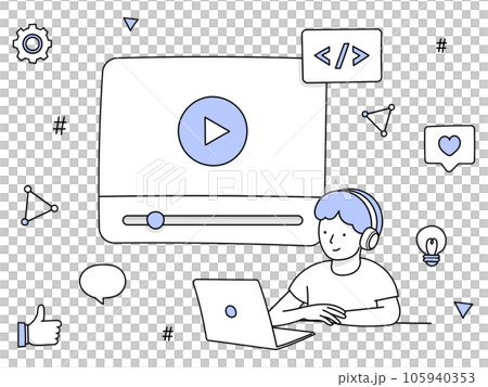 Hand-drawn line art | A young man wearing headphones and watching video distribution on a computer 105940353