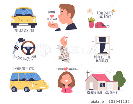 Insurance of Health, Car and Real Estate as Security and Protection from Loss Vector Set 105941133