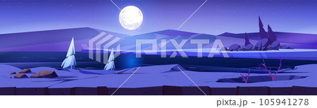 Polar night landscape with full moon above river Polar night landscape with full moon above river 105941278