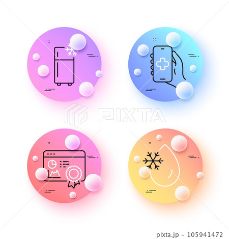 Seo certificate, Refrigerator and Freezing water minimal line icons. 3d spheres or balls buttons. Health app icons. For web, application, printing. Vector 105941472