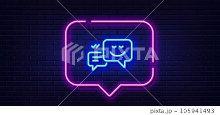 Neon light speech bubble. Message speech bubbles with Smile line icon. Chat emotion sign. Neon light background. Happy emotion glow line. Brick wall banner. Vector 105941493