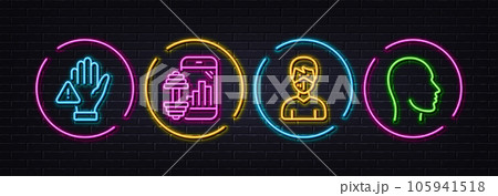 Medical mask, Fitness app and Dont touch minimal line icons. Neon laser 3d lights. Head icons. For web, application, printing. Respirator, Training program, Clean hand. Human profile. Vector Medical mask, Fitness app and Dont touch minimal line icons. Neon laser 3d lights. Head icons. For web, application, printing. Respirator, Training program, Clean hand. Human profile. Vector 105941518