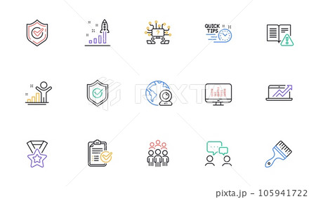Brush, Confirmed and Video conference line icons for website, printing. Collection of Instruction manual, Group people, Winner ribbon icons. People chatting, Development plan. Vector 105941722