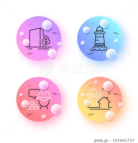 New house, Lighthouse and Build minimal line icons. 3d spheres or balls buttons. Buildings icons. For web, application, printing. Buying home, Searchlight tower, Construction service. Vector New house, Lighthouse and Build minimal line icons. 3d spheres or balls buttons. Buildings icons. For web, application, printing. Buying home, Searchlight tower, Construction service. Vector 105941737