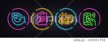 Bitcoin system, Clipboard and 24 hours minimal line icons. Neon laser 3d lights. Bitcoin pay icons. For web, application, printing. Cryptocurrency monitor, Survey document, Repeat. Vector 105941738