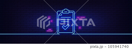 Neon light glow effect. Checklist line icon. Survey report sign. Business review symbol. 3d line neon glow icon. Brick wall banner. Checklist outline. Vector 105941740