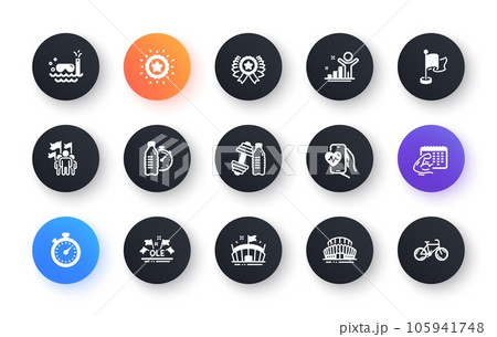 Minimal set of Arena, Dumbbell and Winner ribbon flat icons for web development. Fitness calendar, Cardio training, Ole chant icons. Flag, Winner star, Scuba diving web elements. Vector 105941748