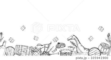 Ink hand drawn vector sketch. Seamless border. Scotland symbol objects. Tartan menswear, bagpipes, thistle flower, whisky barrel, Nessie. Design for tourism, travel, brochure, wedding, guide, print. 105941900