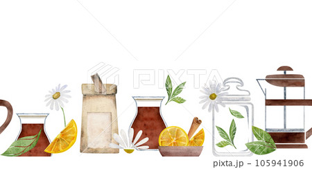 Watercolor hand drawn illustration. Tea pot cups paper bag lemon cinnamon green leaf. Seamless banner. Isolated on white background. For invitations, cafe, restaurant food menu, print, website, cards Watercolor hand drawn illustration. Tea pot cups paper bag lemon cinnamon green leaf. Seamless banner. Isolated on white background. For invitations, cafe, restaurant food menu, print, website, cards 105941906