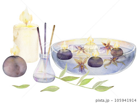 Hand drawn watercolor spa and bath beauty products accessories floating candles. Horizontal composition. Isolated on white background. Design for wellness resort, print, fabric, cover, card, booklet. 105941914