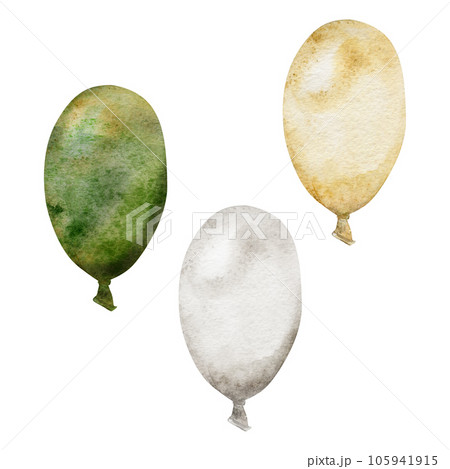 Watercolor hand drawn illustration, Saint Patrick holiday. National color balloons white green orange. Ireland tradition. Single element Isolated white background. Invitations, print, website, cards. 105941915