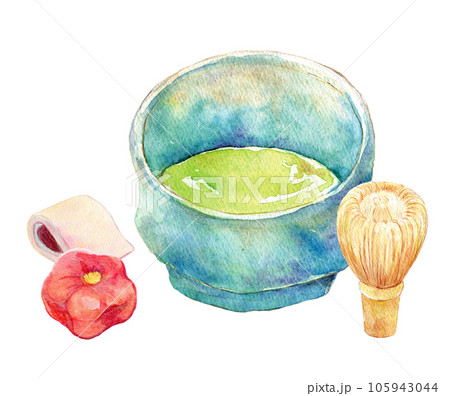 抹茶と和菓子のセット　茶道　水彩イラスト 105943044