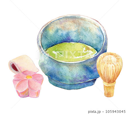 抹茶と和菓子のセット 茶道 水彩イラスト 抹茶と和菓子のセット 茶道 水彩イラスト 105943045