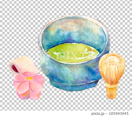 抹茶と和菓子のセット 茶道 水彩イラスト 抹茶と和菓子のセット 茶道 水彩イラスト 105943045