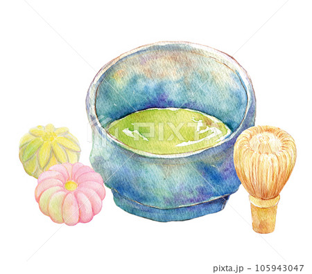 抹茶と和菓子のセット　茶道　水彩イラスト 105943047