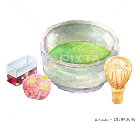 抹茶と和菓子のセット 茶道 水彩イラスト 抹茶と和菓子のセット 茶道 水彩イラスト 105943049