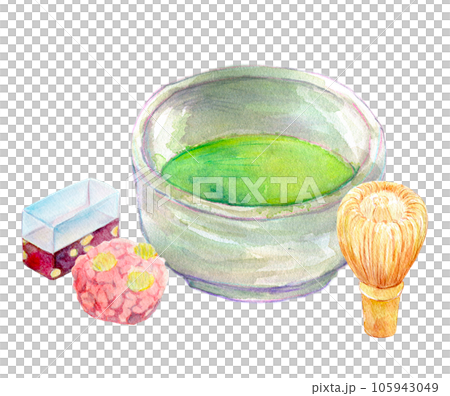 抹茶と和菓子のセット 茶道 水彩イラスト 抹茶と和菓子のセット 茶道 水彩イラスト 105943049