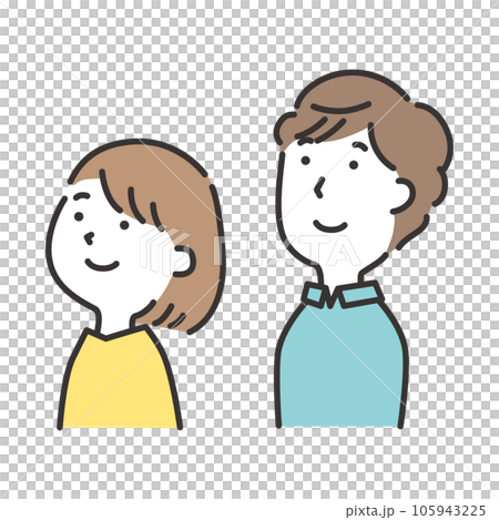 斜め上を見上げて微笑んでいる若い夫婦のイラスト 105943225