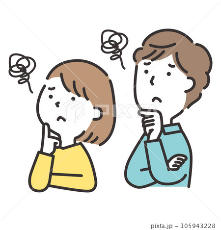 斜め上を見上げて悩んでいる若い夫婦のイラスト 105943228