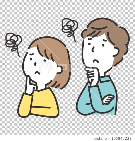 斜め上を見上げて悩んでいる若い夫婦のイラスト 105943228