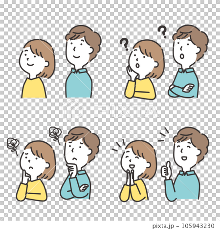 Expression reaction set of a young couple looking up diagonally Expression reaction set of a young couple looking up diagonally 105943230