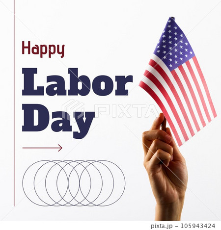 Happy labor day text and asian female hand holding flag of america on white Happy labor day text and asian female hand holding flag of america on white 105943424