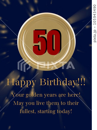 Happy 50 birthday text over gold circle and clouds on blue background 105943490