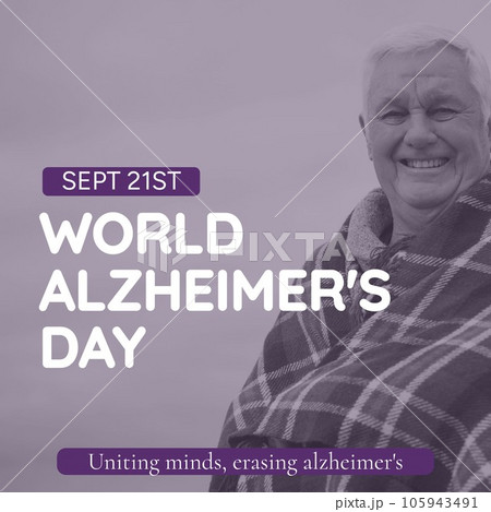 Composite of world alzheimer's day text over happy senior caucasian man by seaside 105943491