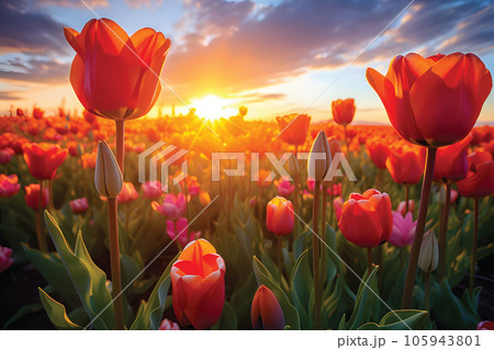 Red tulips flowers in the garden.GenerativeAI. 105943801