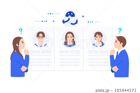 選考に悩むビジネスパーソン。AIのデータを使い顧客を比較するイメージのイラスト素材。 選考に悩むビジネスパーソン。AIのデータを使い顧客を比較するイメージのイラスト素材。 105944571