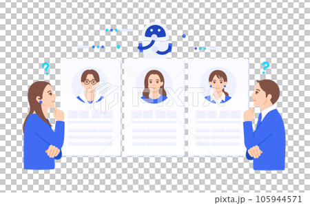 A business person who is worried about selection. Illustration material of an image that compares customers using AI data. A business person who is worried about selection. Illustration material of an image that compares customers using AI data. 105944571