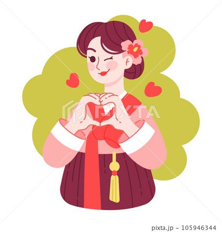Happy beautiful woman in hanbok makes a heart with her hands and winks. Conceptual vector illustration of people in Korean traditional clothes. Happy beautiful woman in hanbok makes a heart with her hands and winks. Conceptual vector illustration of people in Korean traditional clothes. 105946344