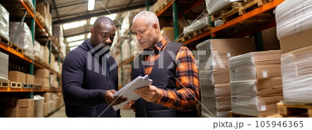 Two middle-aged men, African American and Caucasian, stand in a warehouse with papers and discuss statements for the availability of goods. 105946365