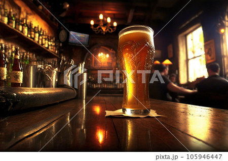 A glass of beer on the bar. Delicious beer. Bar in the background. A glass of beer on the bar. Delicious beer. Bar in the background. 105946447