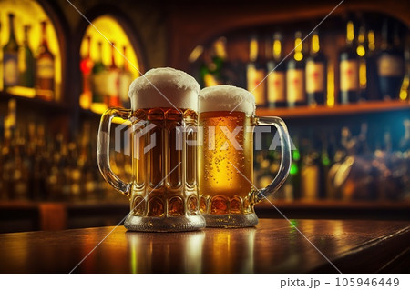 A glass of beer on the bar. Delicious beer. Bar in the background. A glass of beer on the bar. Delicious beer. Bar in the background. 105946449